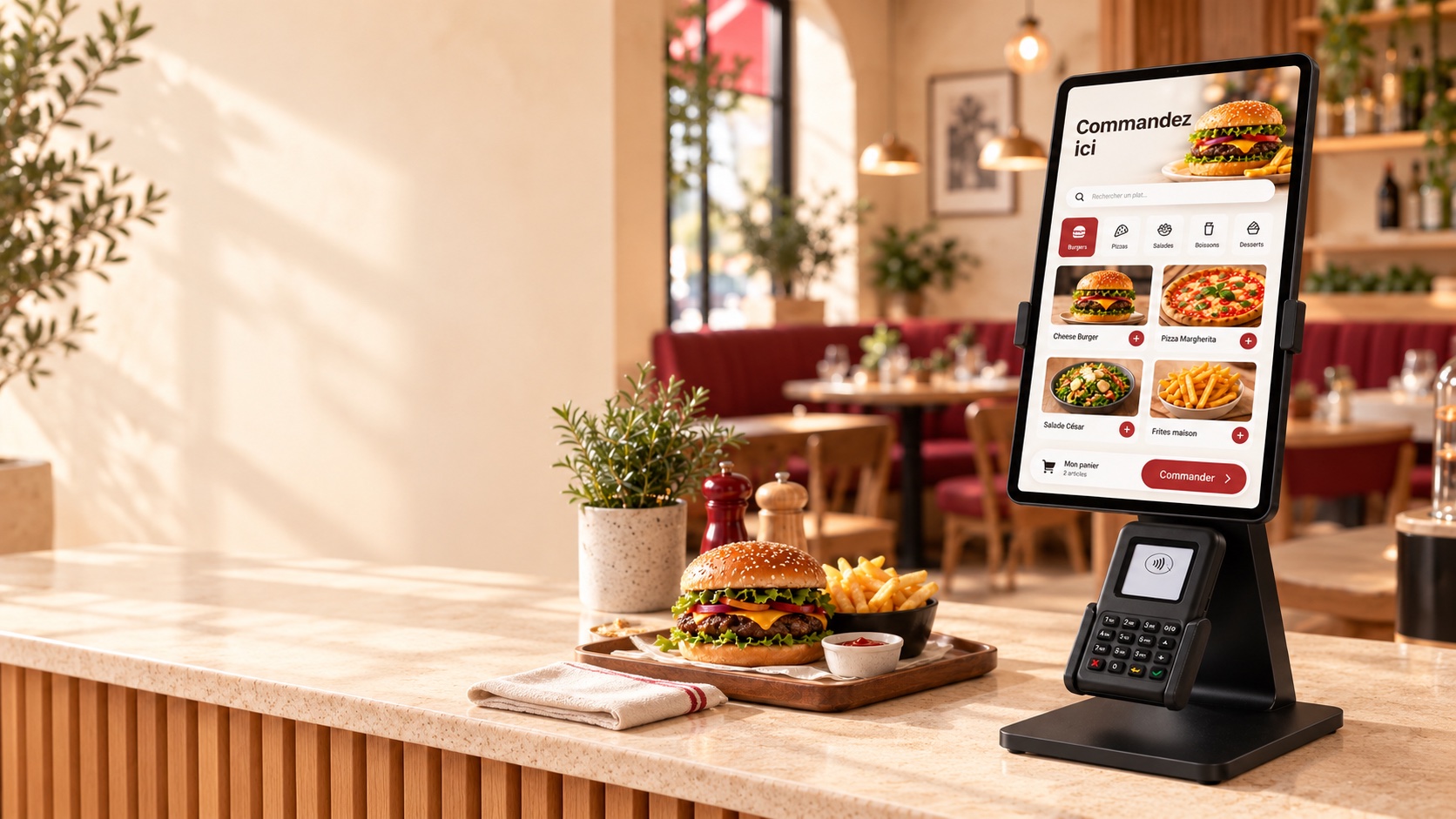 Illustration de la borne BEKIOSK sur le comptoir d’un restaurant, avec un burger et des frites